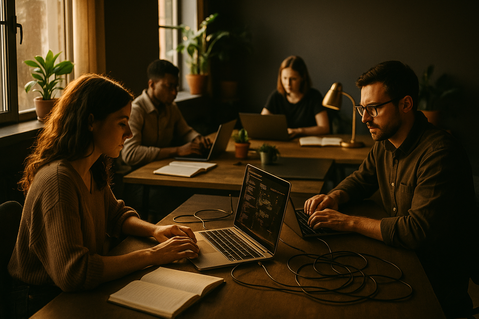 Candid group working in modern loft with laptops, green plants, gold accents, and abstract data elements