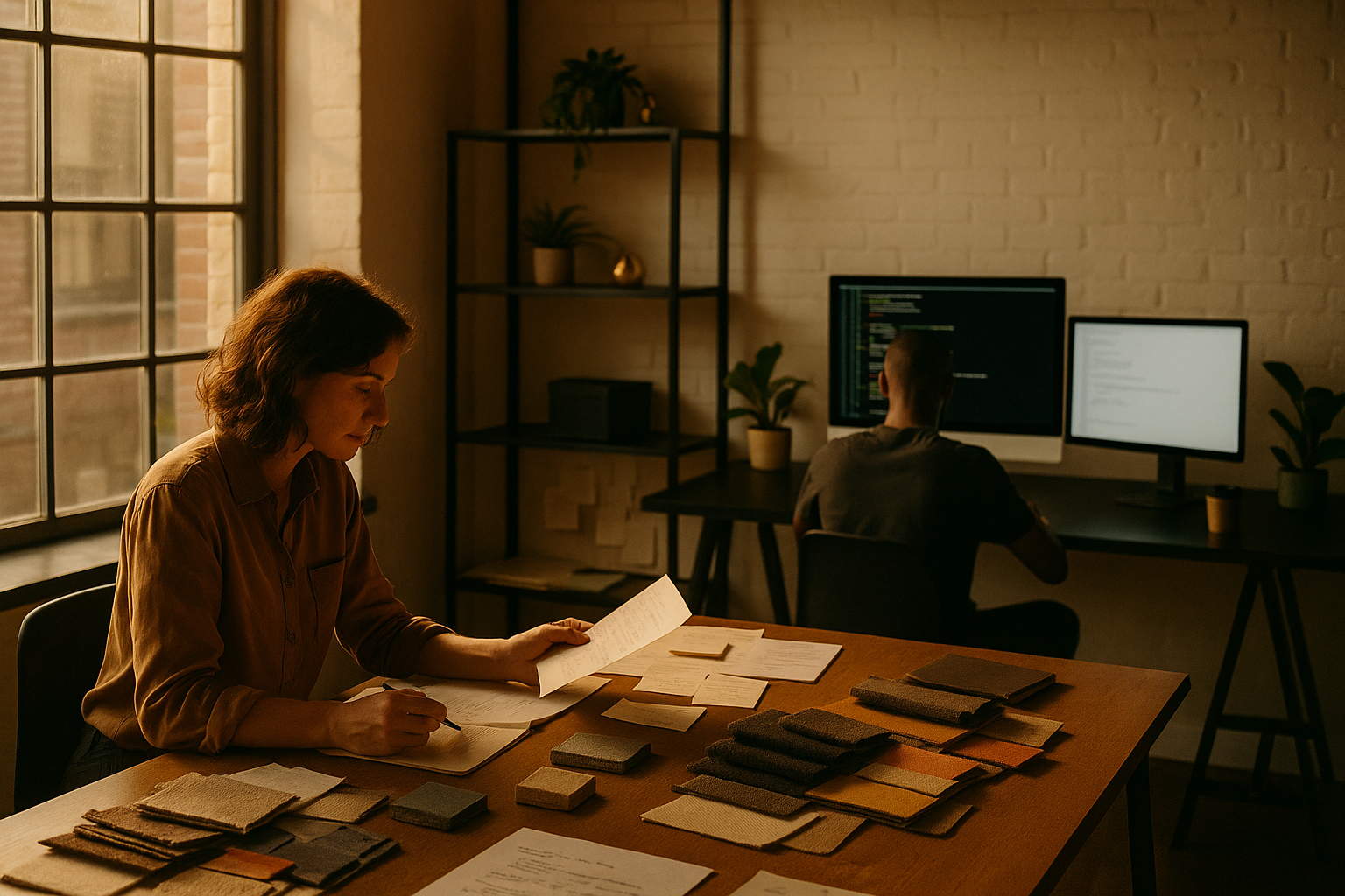 Candid loft scene with contrasting cluttered and sleek workspaces bathed in warm afternoon light.