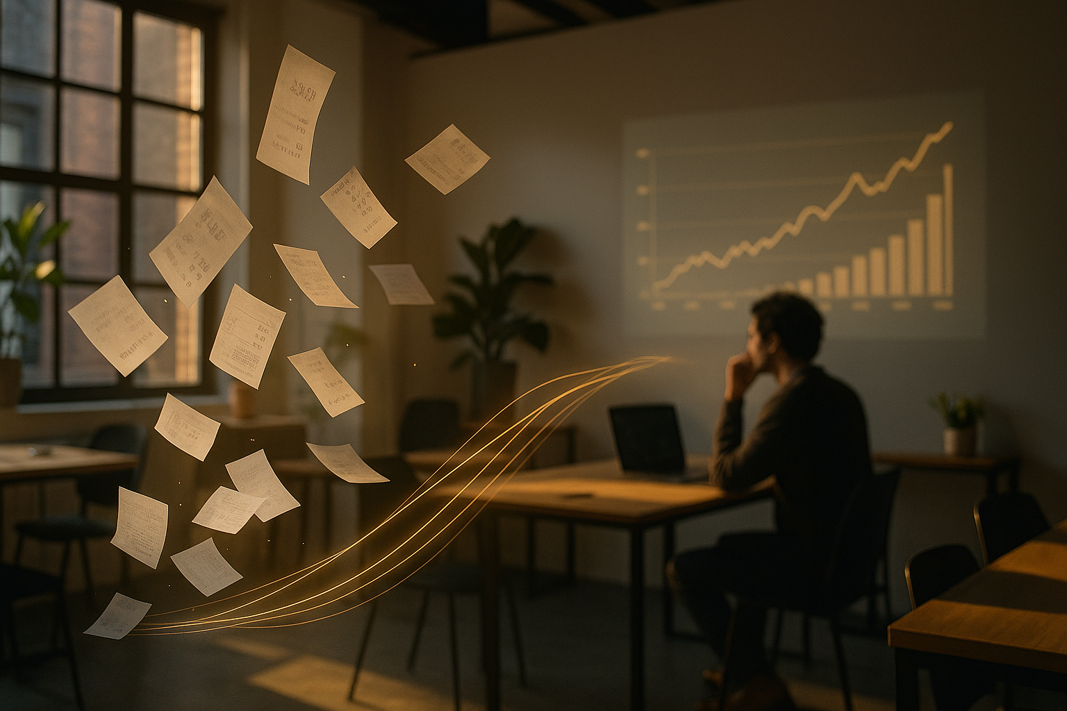 Candid loft scene with floating paper fragments, data streams, and a person reviewing digital charts.