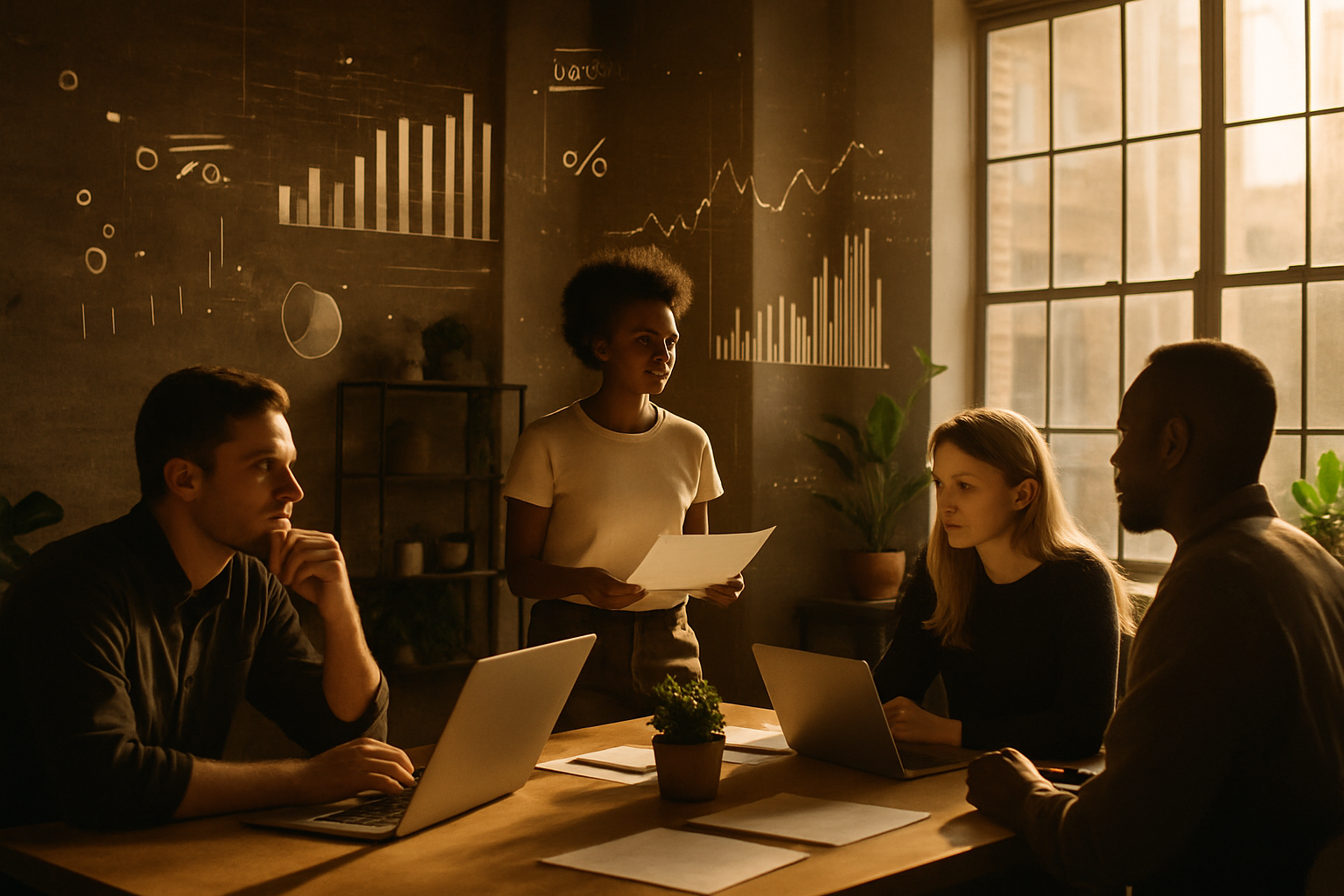 Candid loft scene with focused people amid abstract data symbols and layered graphs.