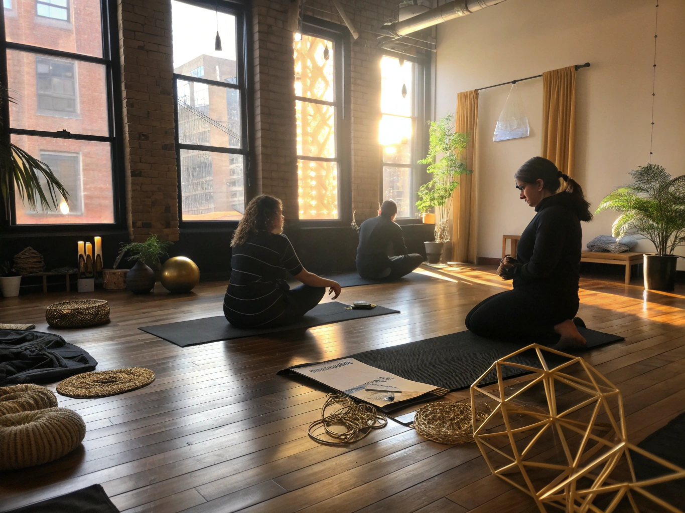 Candid loft scene with intertwined threads, geometric shapes, warm lighting, and natural decor.
