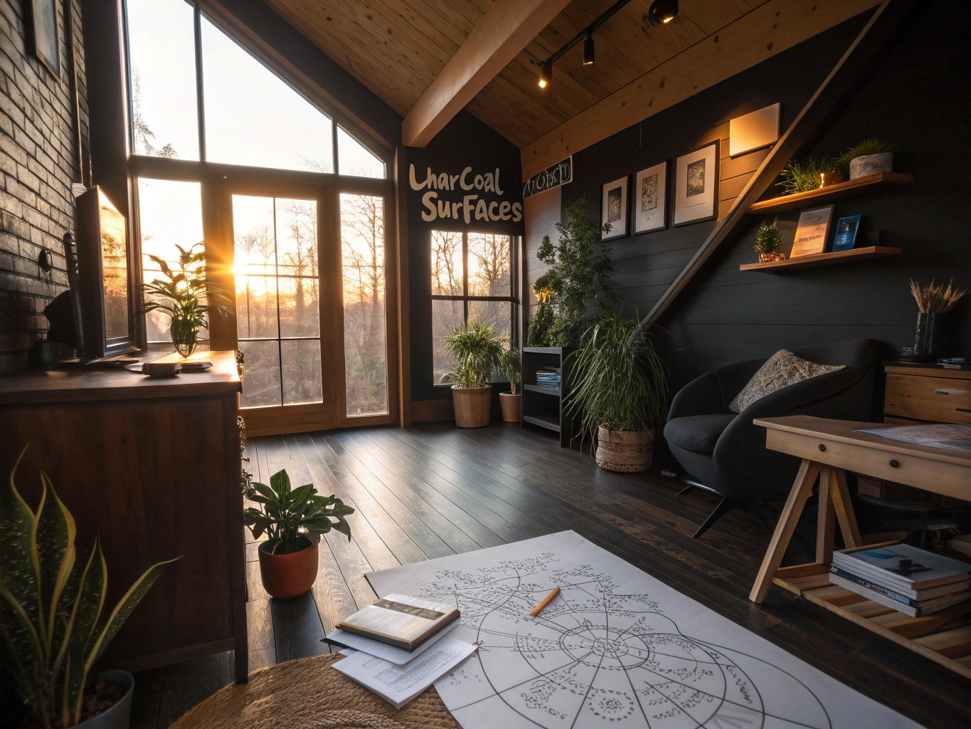 Candid loft with notes, sketches, zoning maps, and organized shelves in warm, modern interior.
