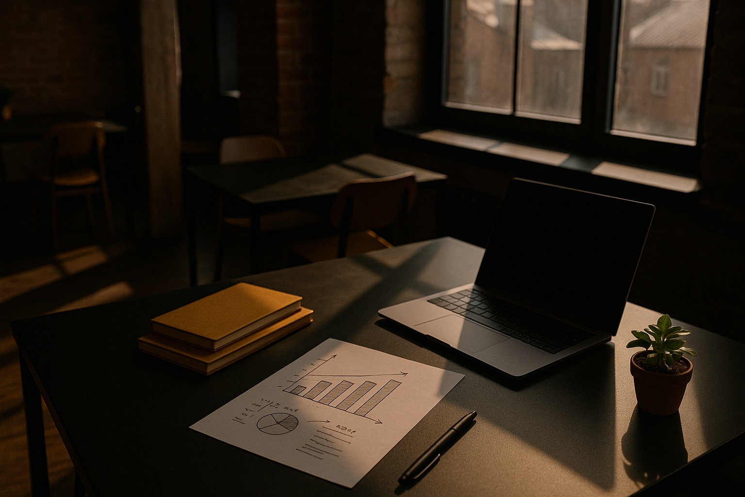 Candid loft workspace with notebooks, charts, pen, laptop, and green plant in warm afternoon light.