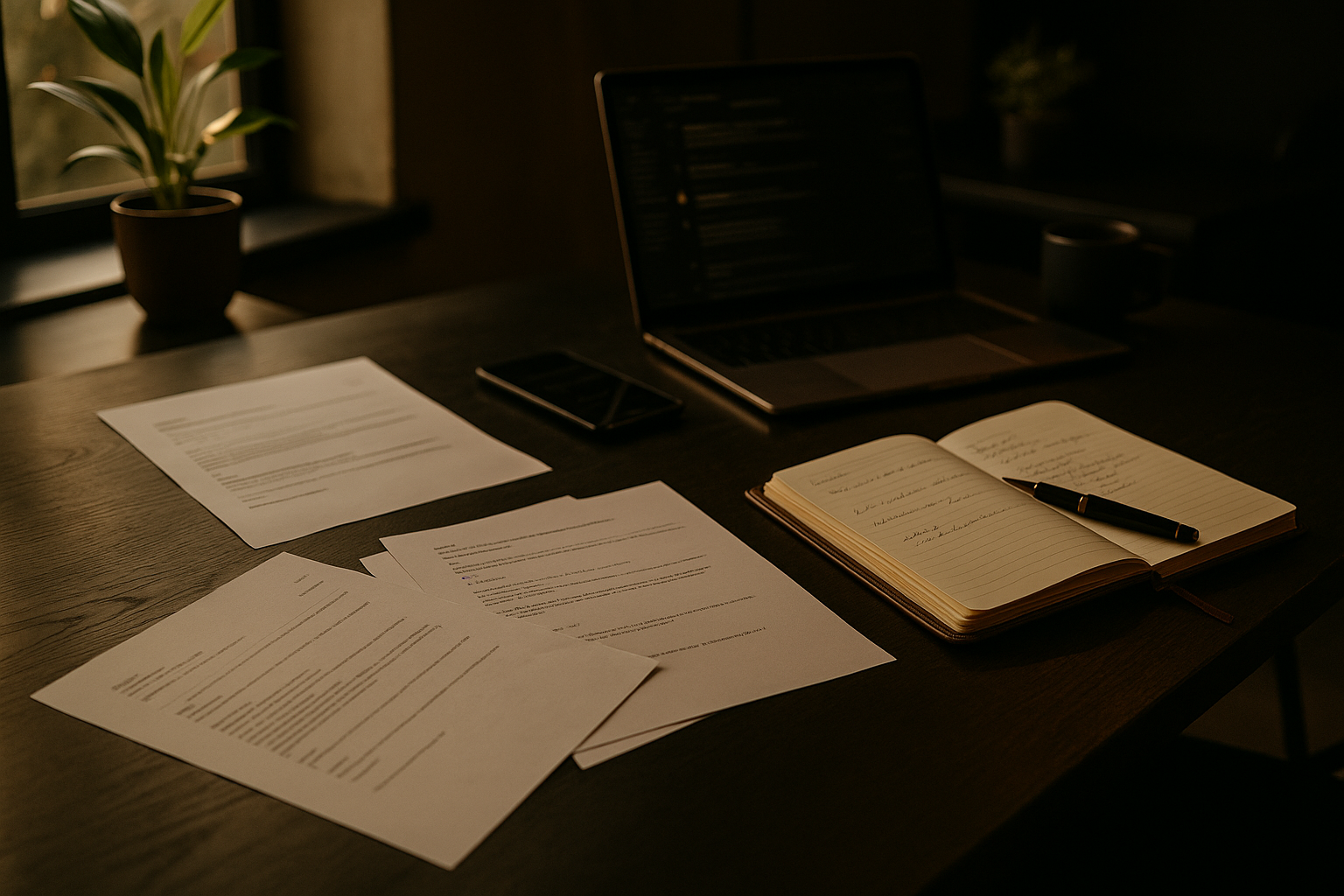Candid scene of scattered notes, digital screens, and a leather notebook in a modern loft workspace.