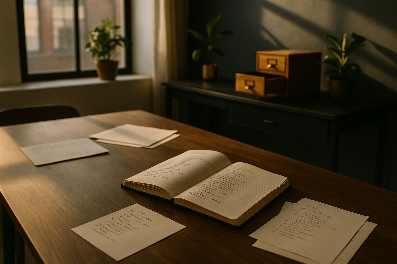 Candid workspace with notebooks, papers, vintage drawer, illuminated by warm late-afternoon light.