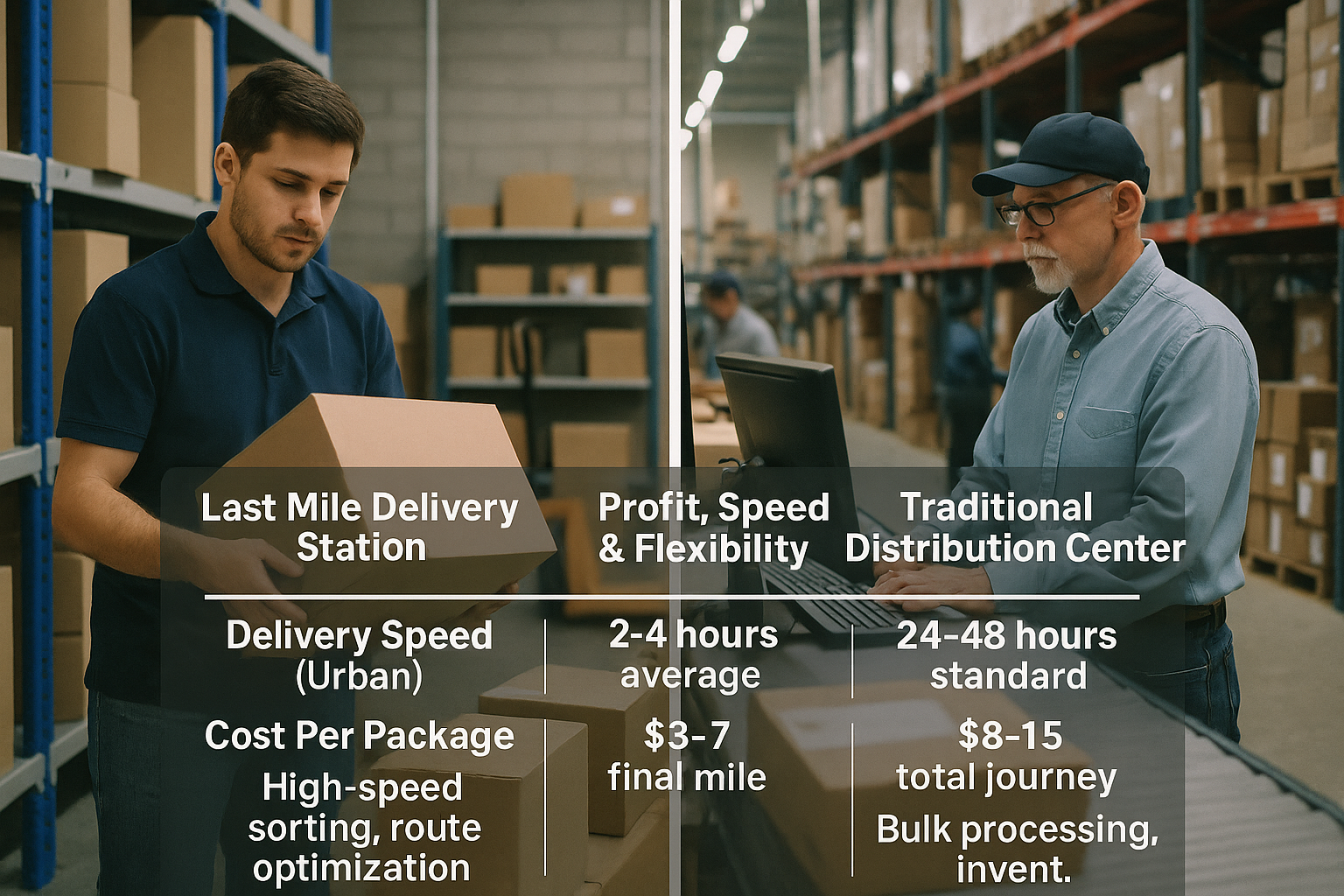 Comparison chart showing Last Mile Delivery Station and Traditional Distribution Center with delivery speed, cost, and automation details.