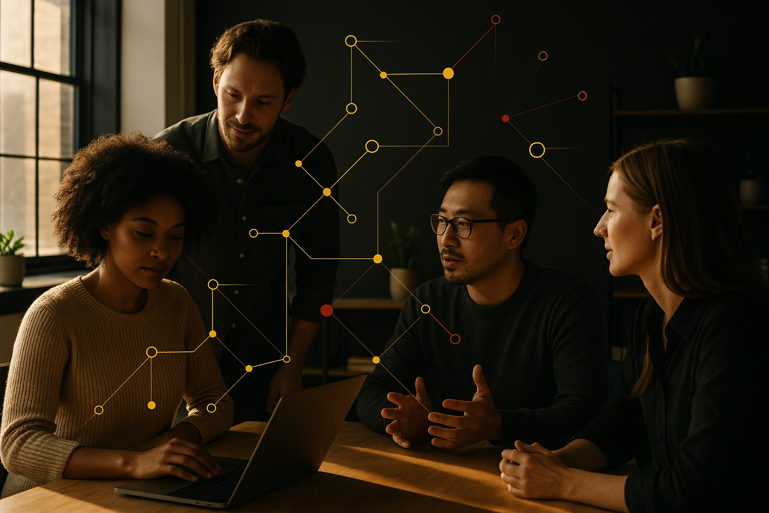 Diverse group collaborating around digital interface in modern, warmly lit co-working loft.