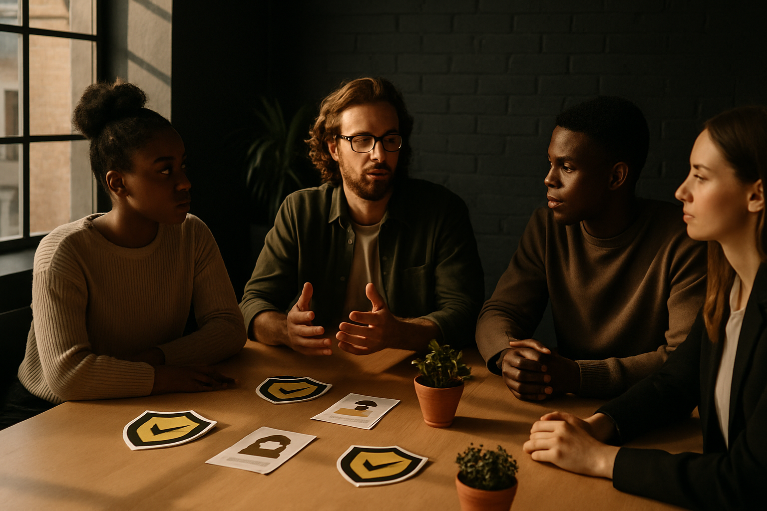 Diverse group discusses around minimalist table in modern loft with trust symbols and warm lighting.