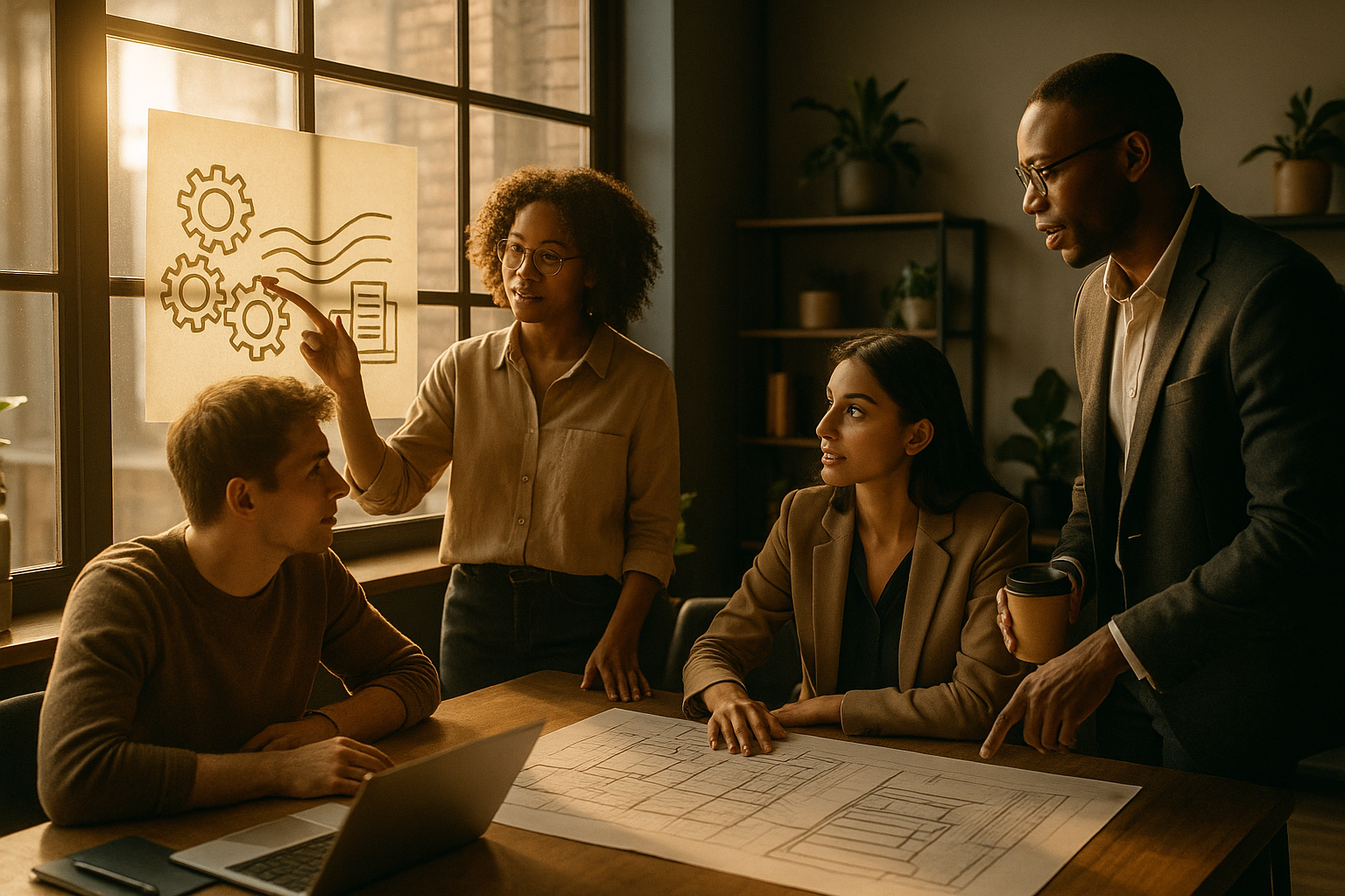 Diverse professionals collaborating in a modern loft with gears, data streams, and blueprints.