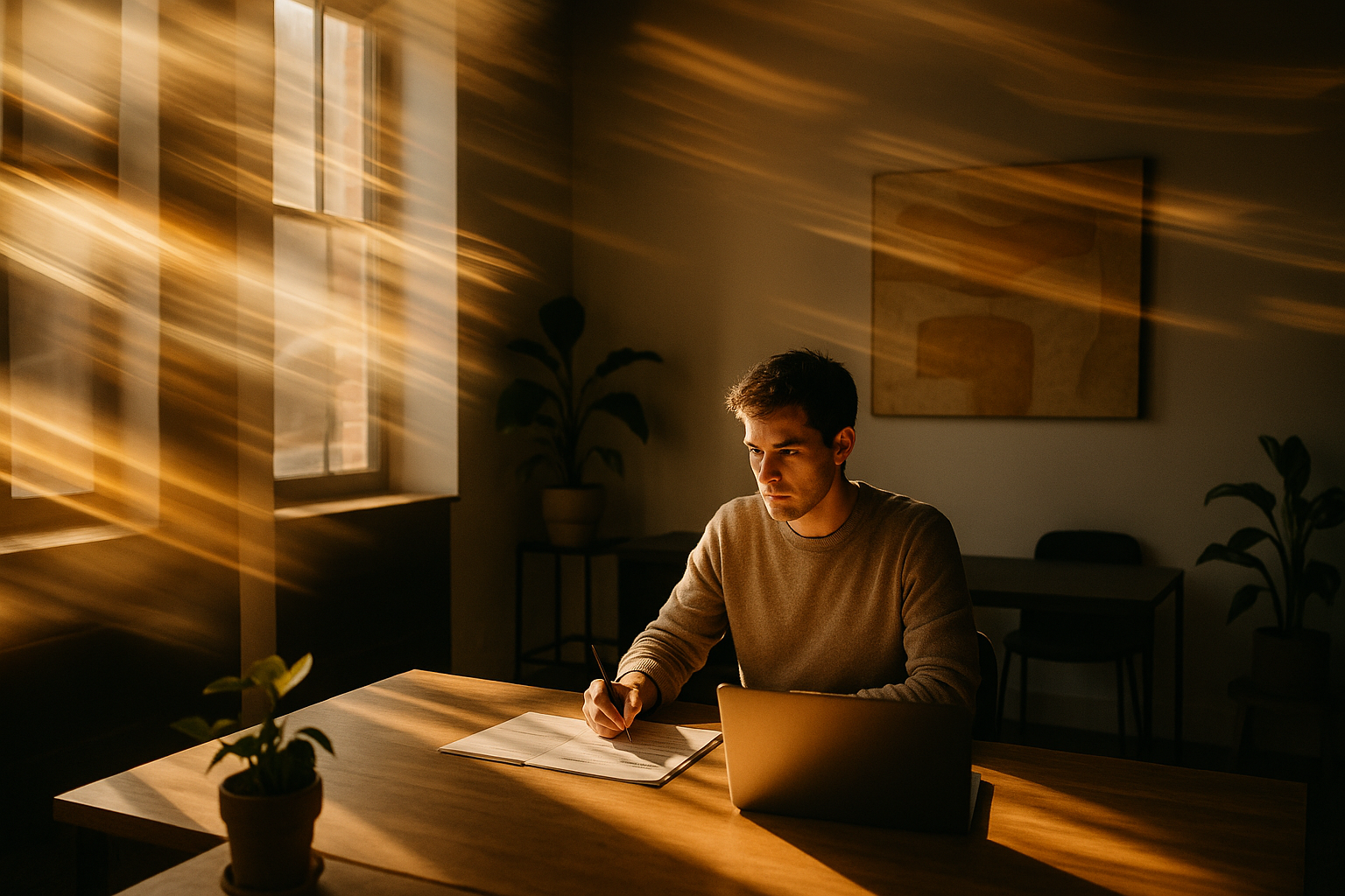 Focused group in bright loft with flowing light lines symbolizing cash flow and strategic movement.