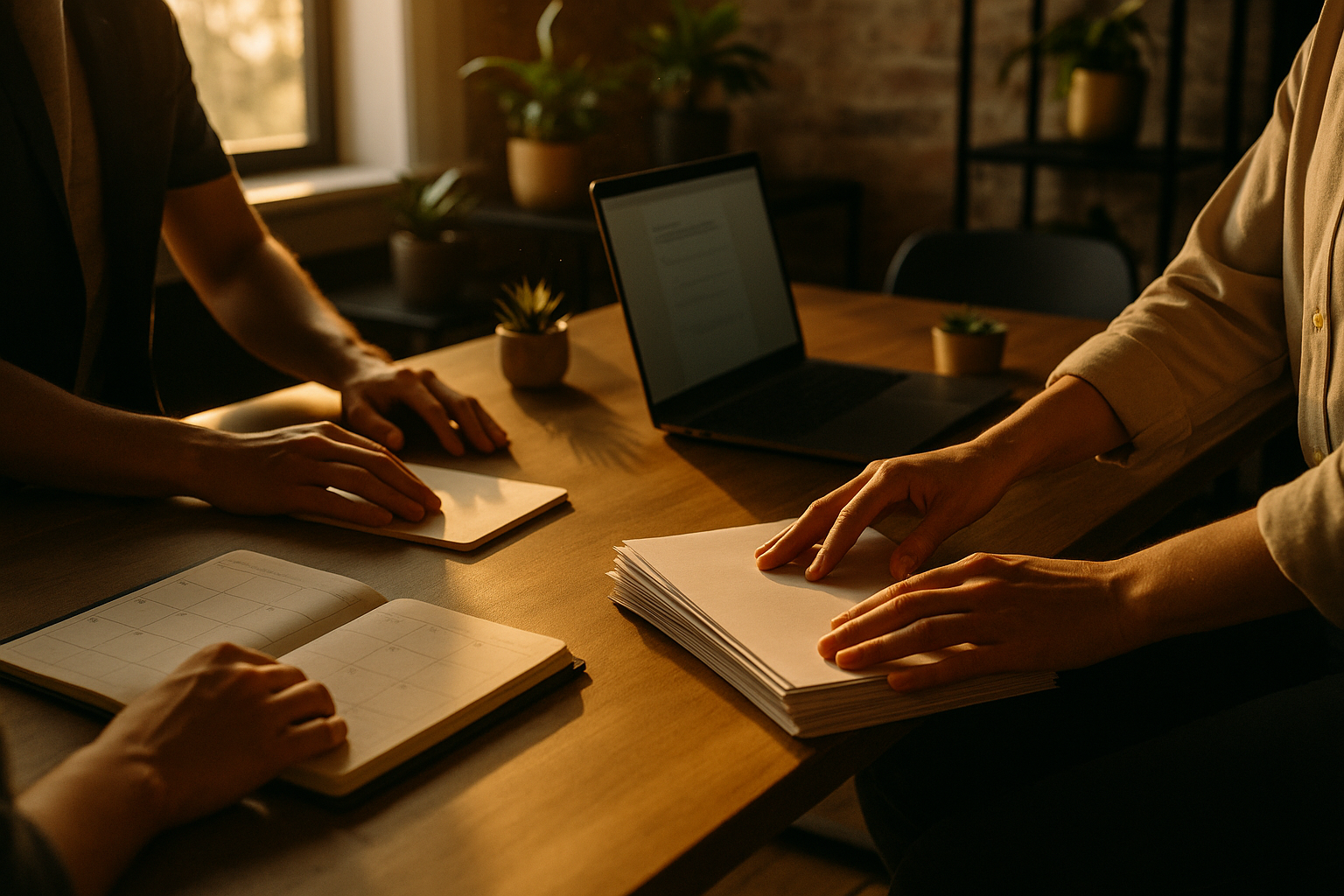 Focused hands organizing papers and a laptop in a modern, sunlit co-working loft.