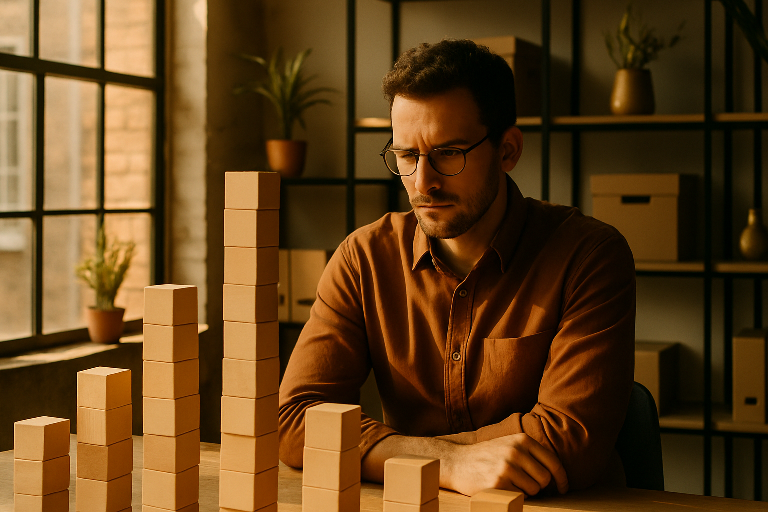 Focused individual in a modern loft surrounded by wooden blocks, plants, and minimalist shelves.