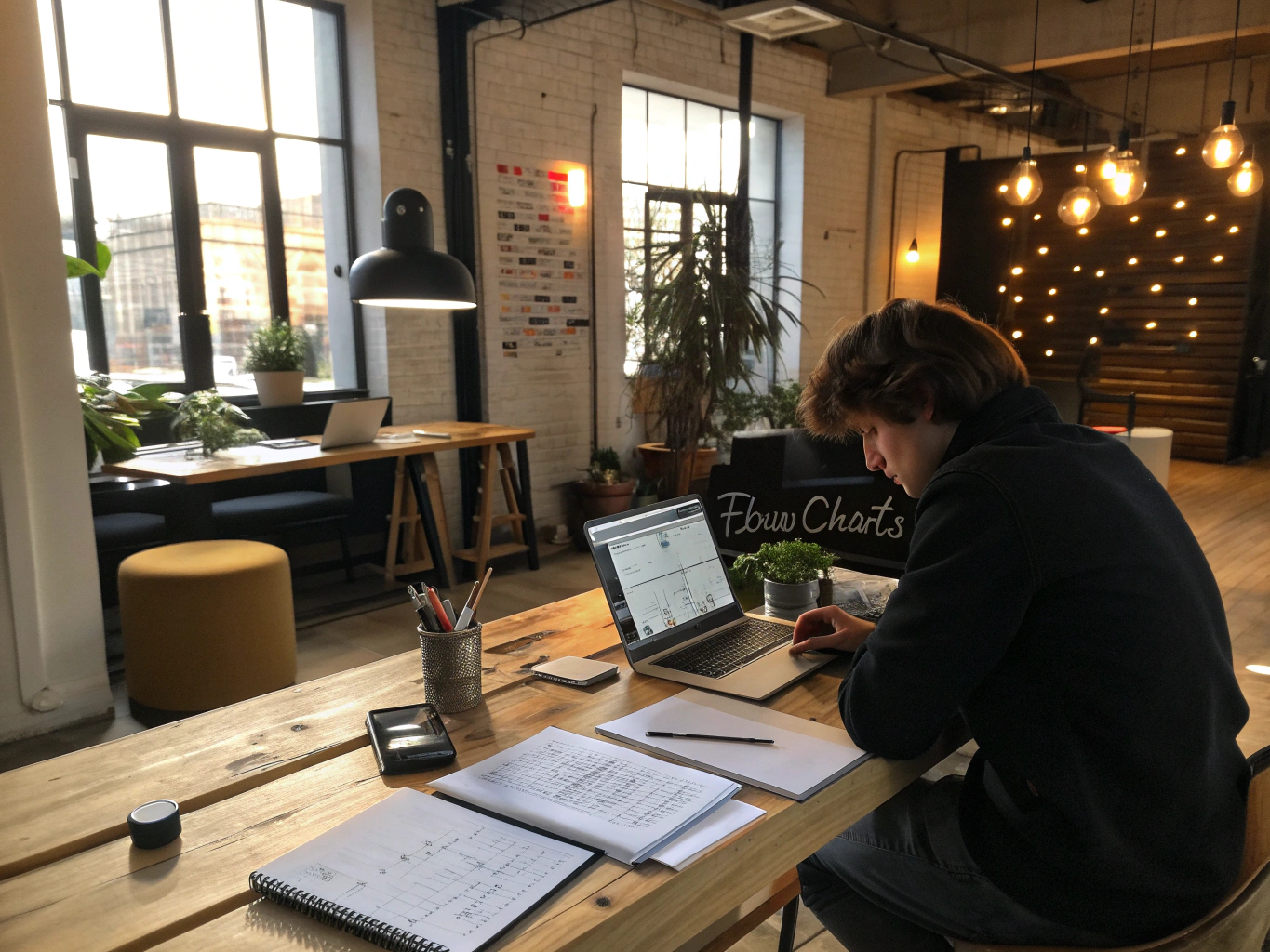 Focused individual working at a desk with notebooks, laptop, and index cards in a modern loft.