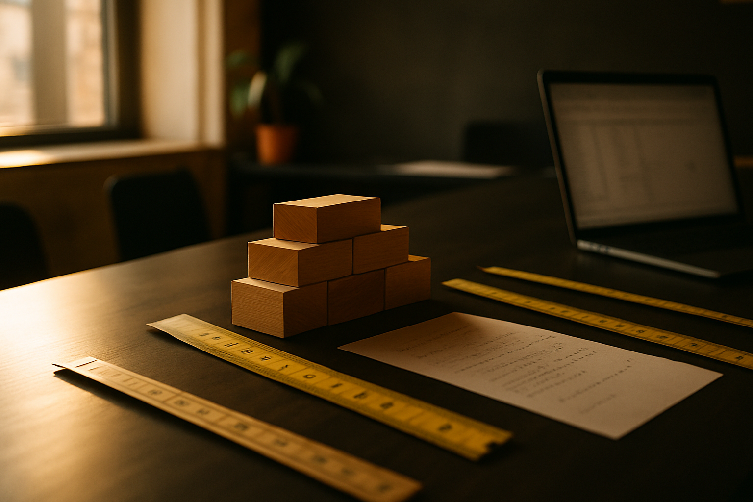 Focused person analyzing layered wooden blocks and measuring tapes on a sleek desk in a modern loft.