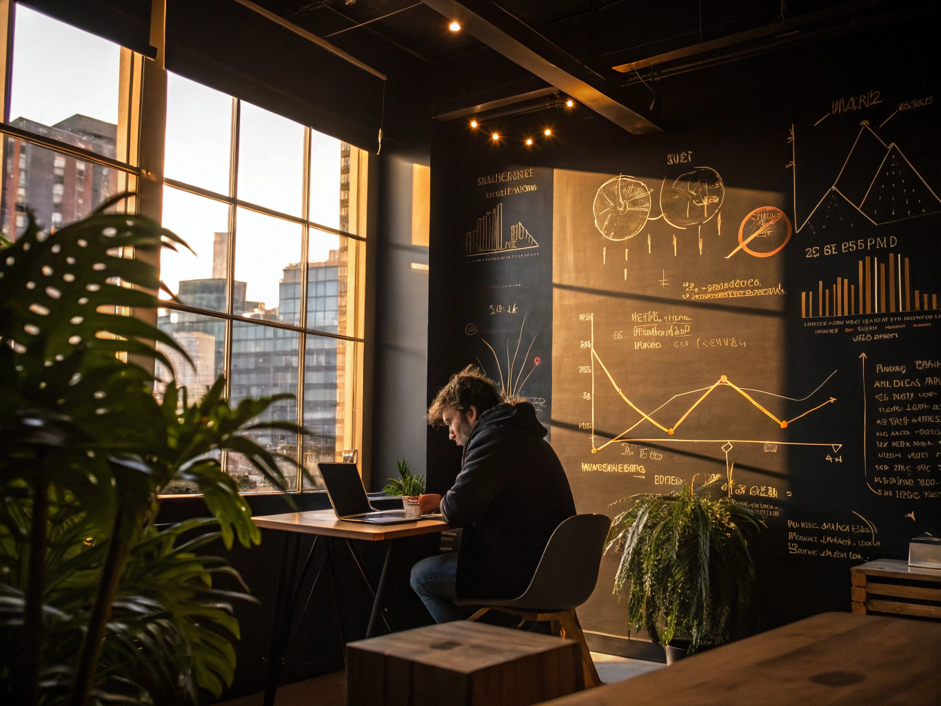 Focused person at desk with charts, notes, gold accents, and plant in sunlit loft.