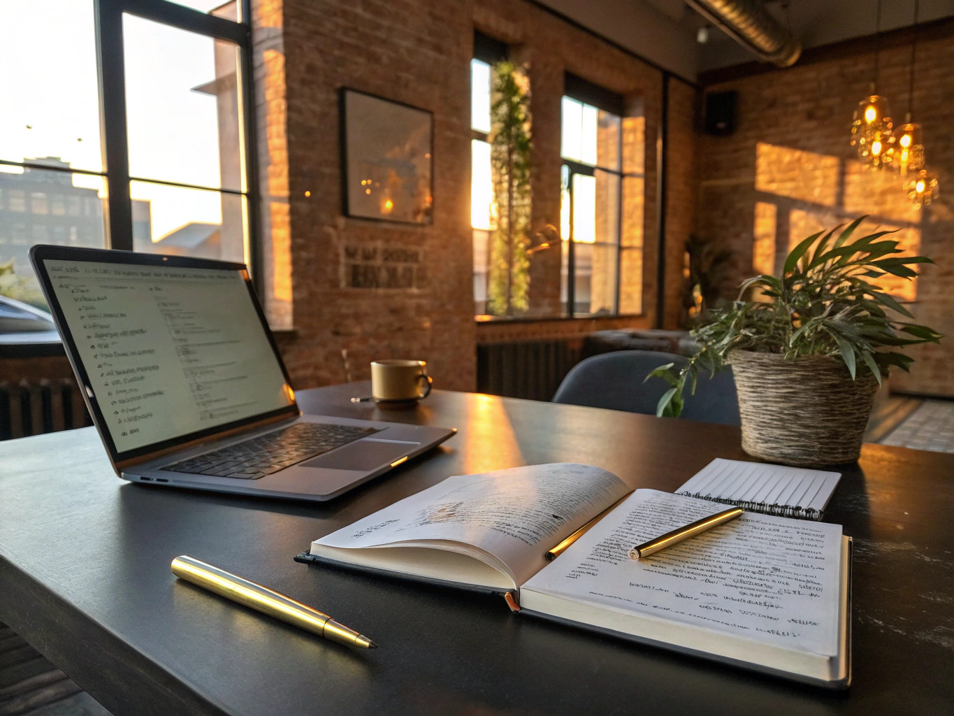 Focused person sketching at a modern loft desk with notebooks, laptop, plant, and gold accents.