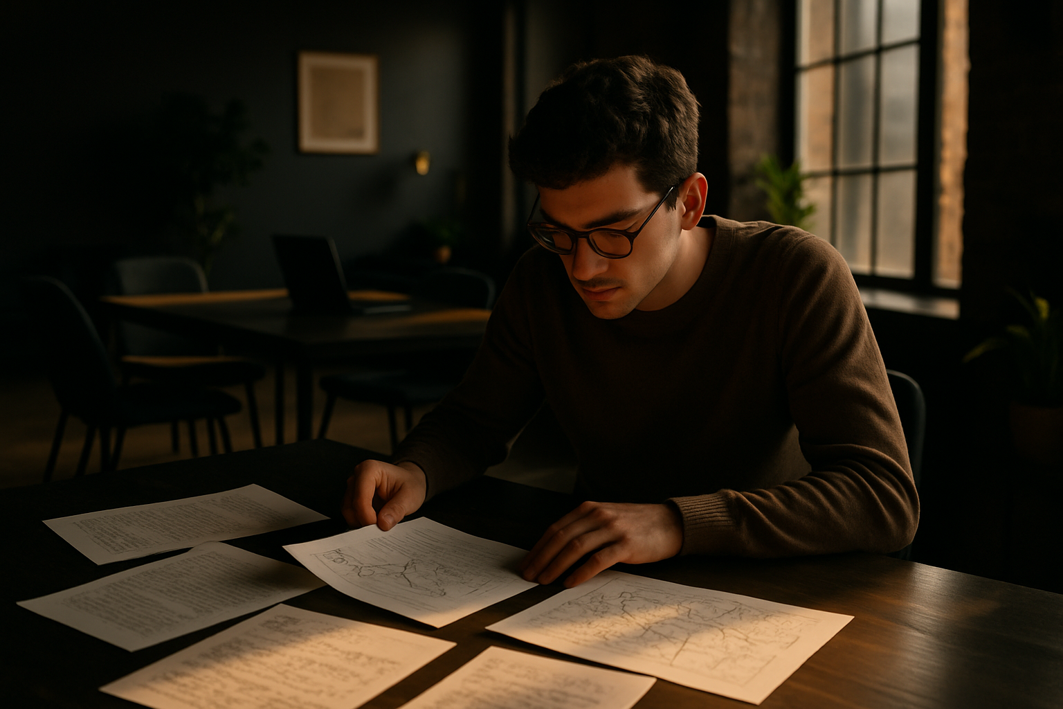 Focused person studying layered maps and notes in a modern, warmly lit co-working loft.
