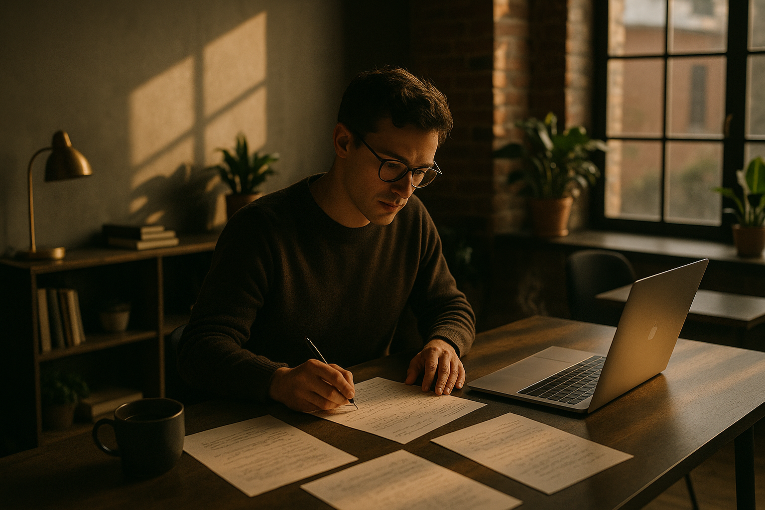 Focused person working at a desk with notes, laptop, and coffee in a warm, modern loft.