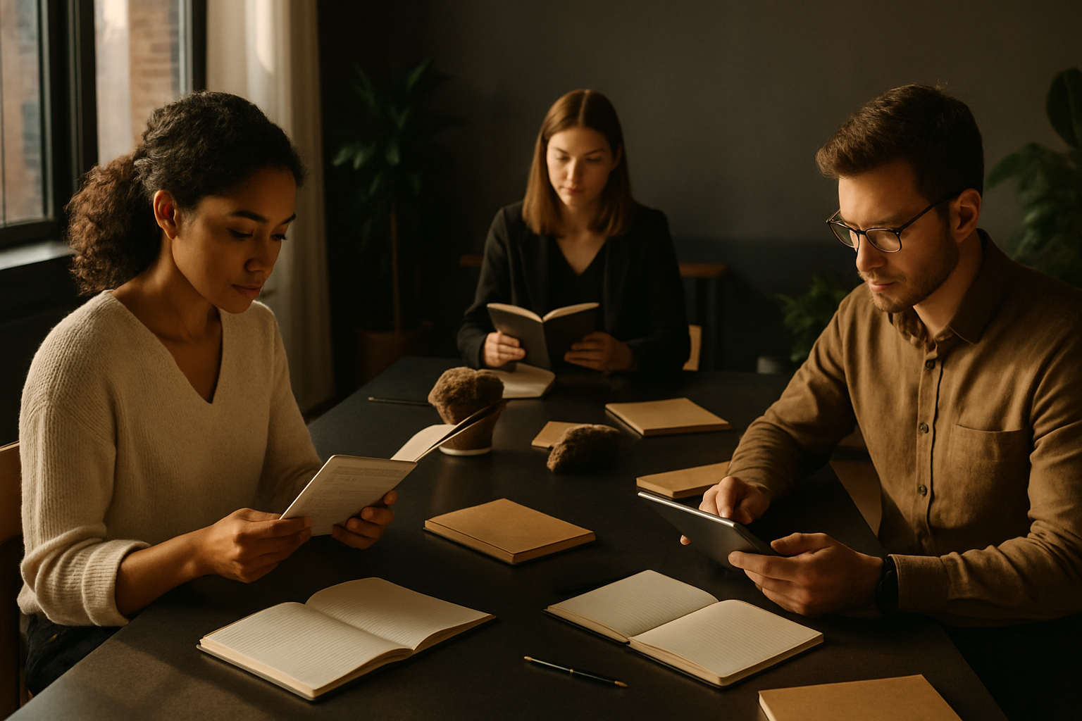 Focused professionals reviewing notes and tablets in a modern, well-lit co-working loft.