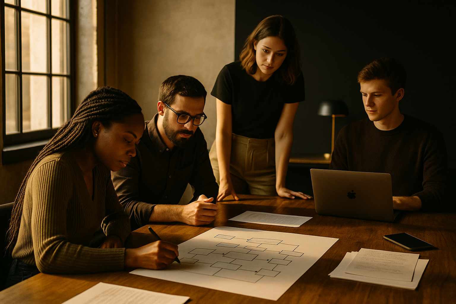 Focused team collaborating with notes and devices in modern loft workspace, warm lighting.