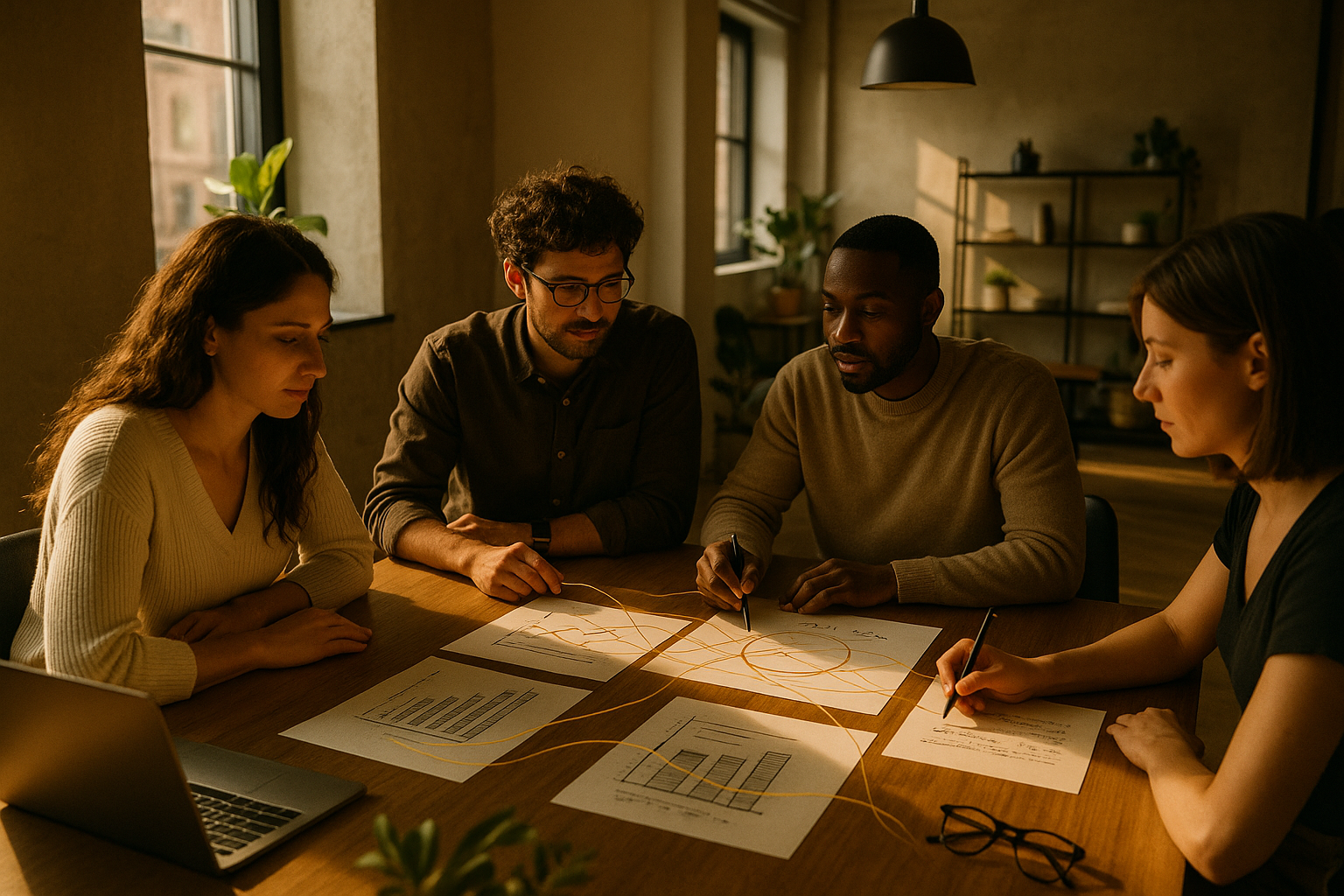 Group analyzing cash flow visuals in modern loft with warm natural light and minimalist decor.