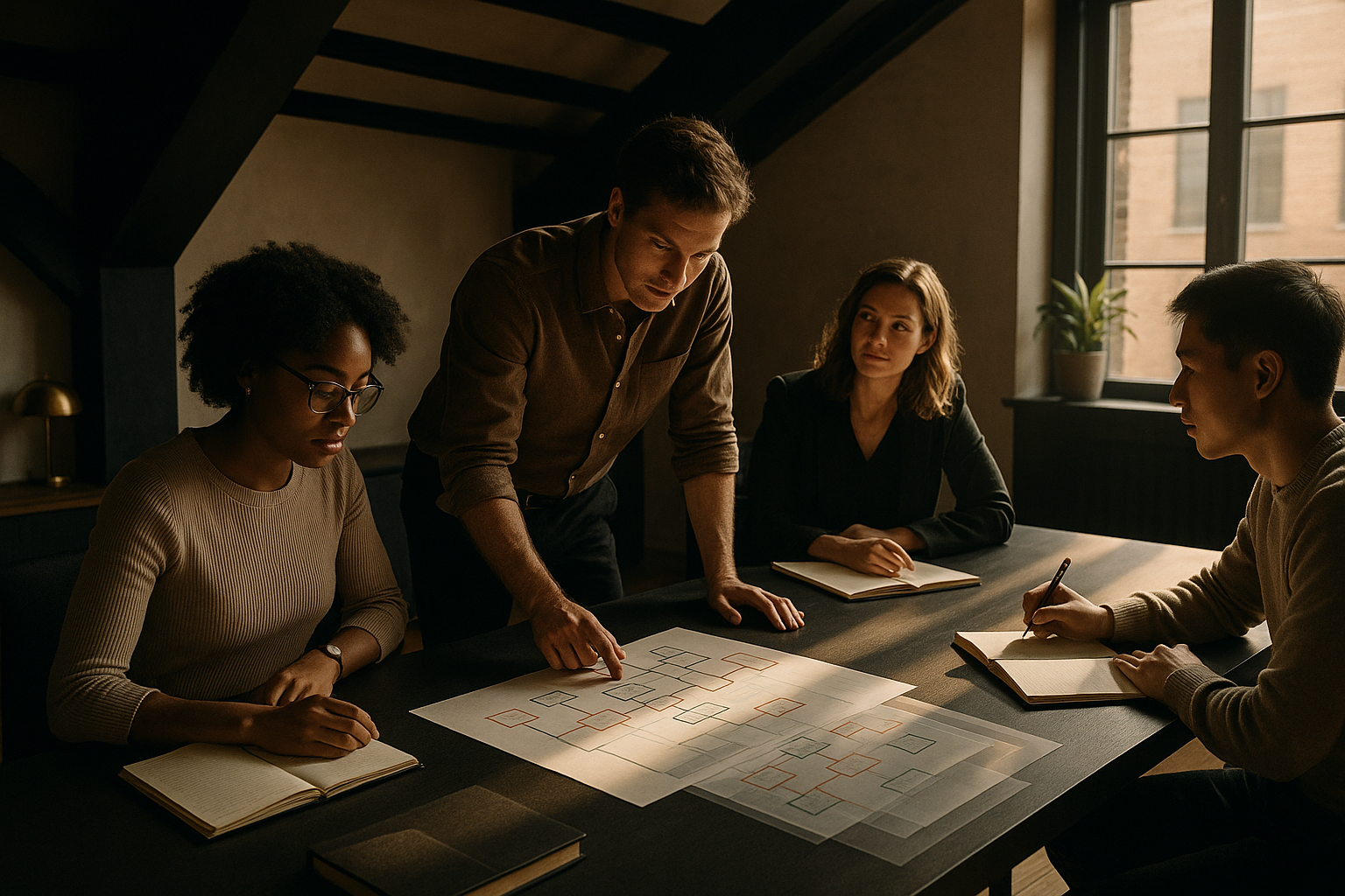 Group collaborating around a table in a modern loft with notebooks and flowcharts.