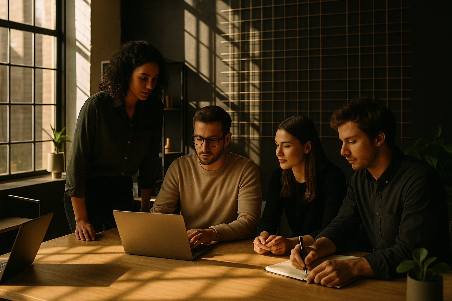 Group collaborating in a modern loft with abstract lines and warm, earthy tones.
