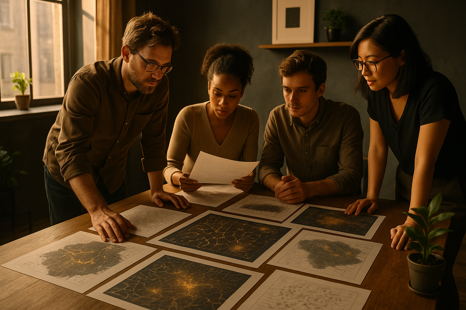 Group collaborating on data analysis in a modern loft with warm, earthy tones and digital maps.
