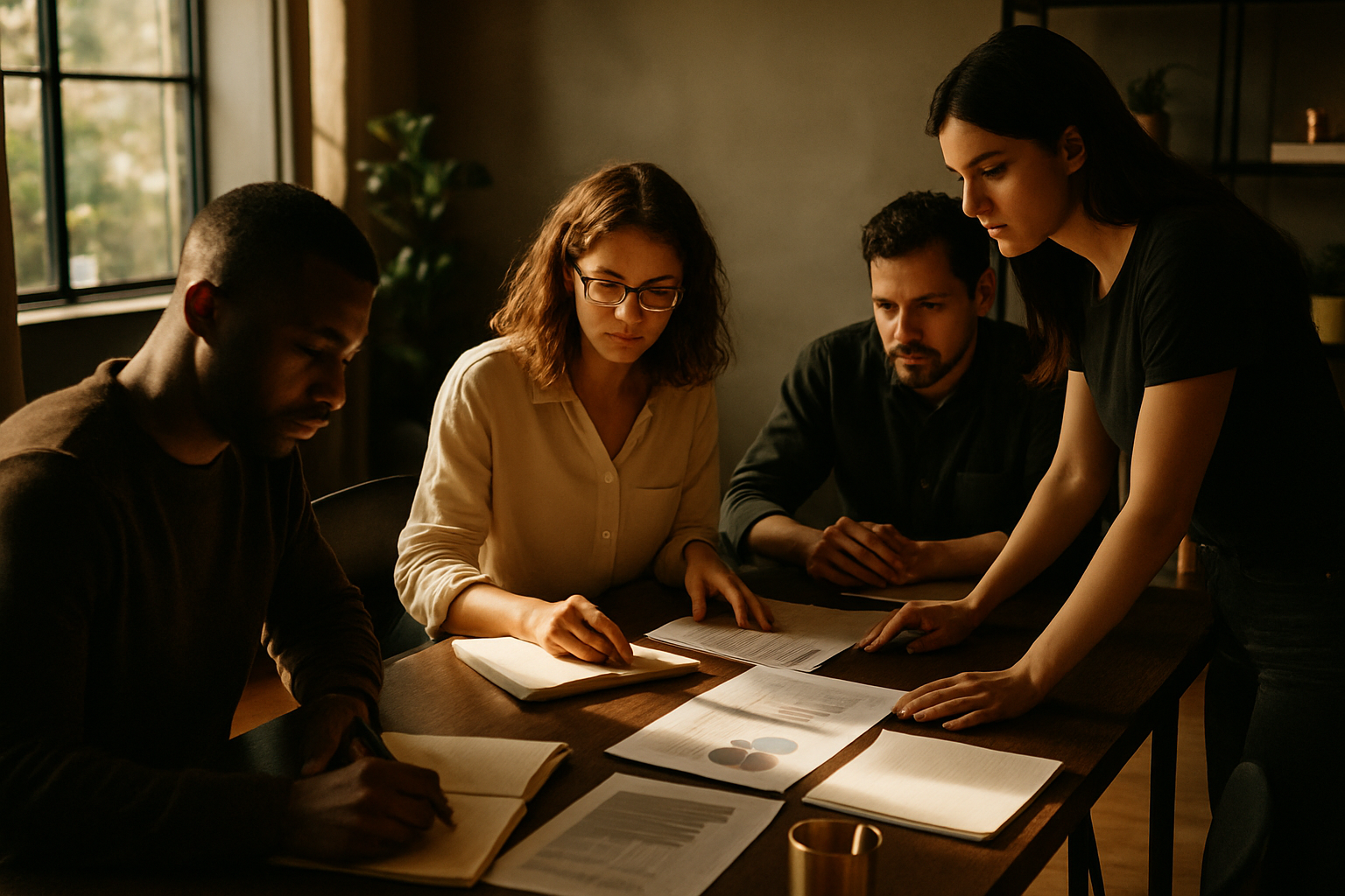Group of focused people working with notebooks and charts in a modern, warmly lit co-working loft.