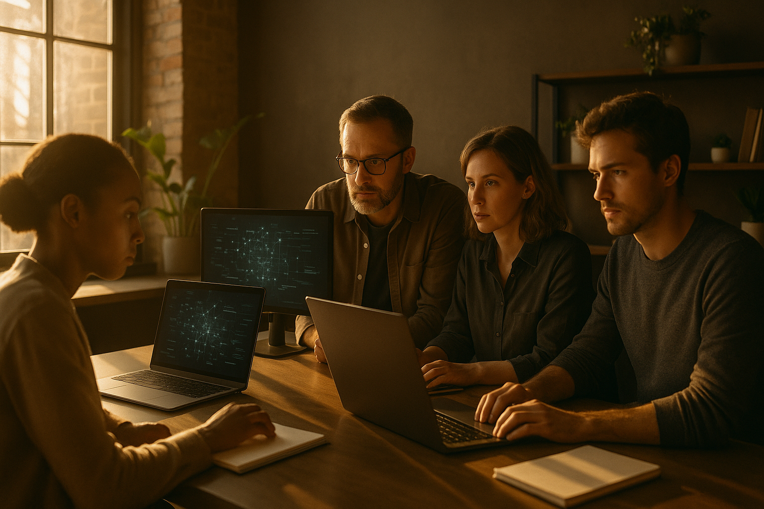 Group of focused professionals in a modern loft collaborating over digital data streams.
