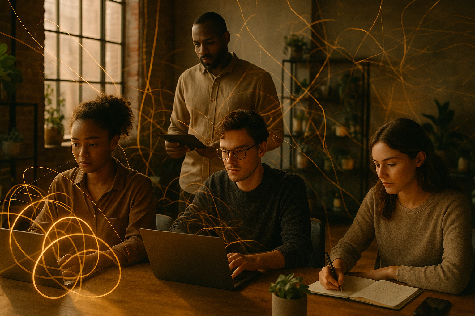 Group of focused professionals in a modern loft with glowing light threads symbolizing data connections.