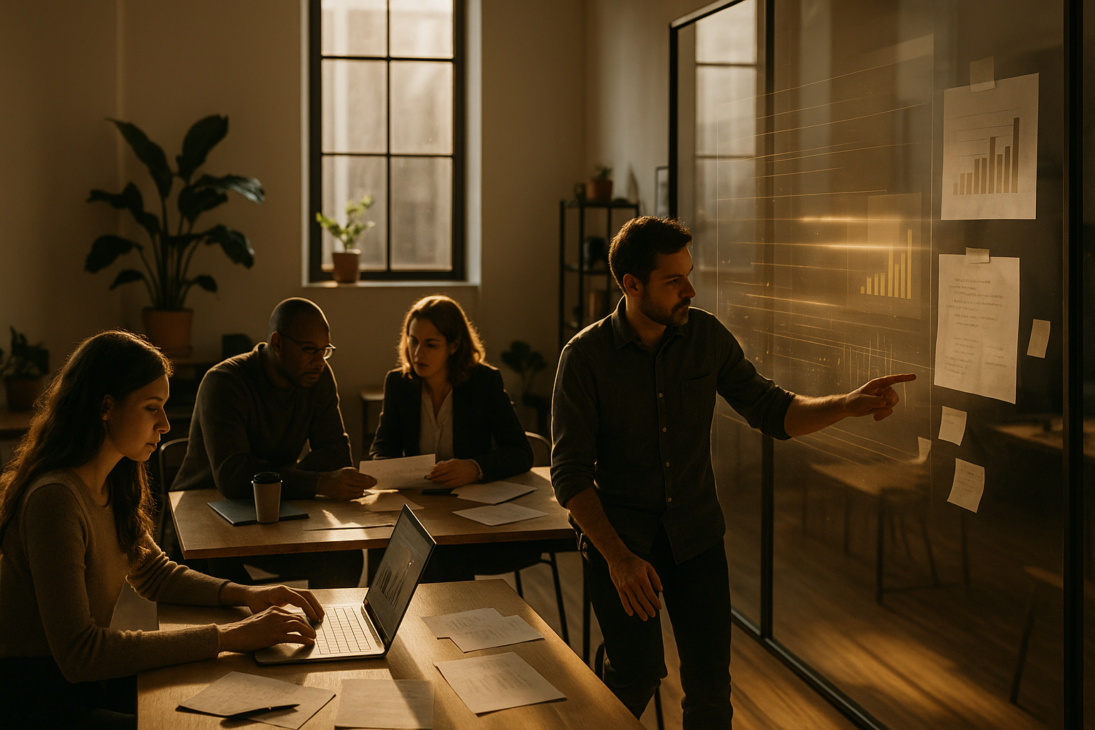 Group of people analyzing abstract data visuals in a modern, well-lit co-working space.