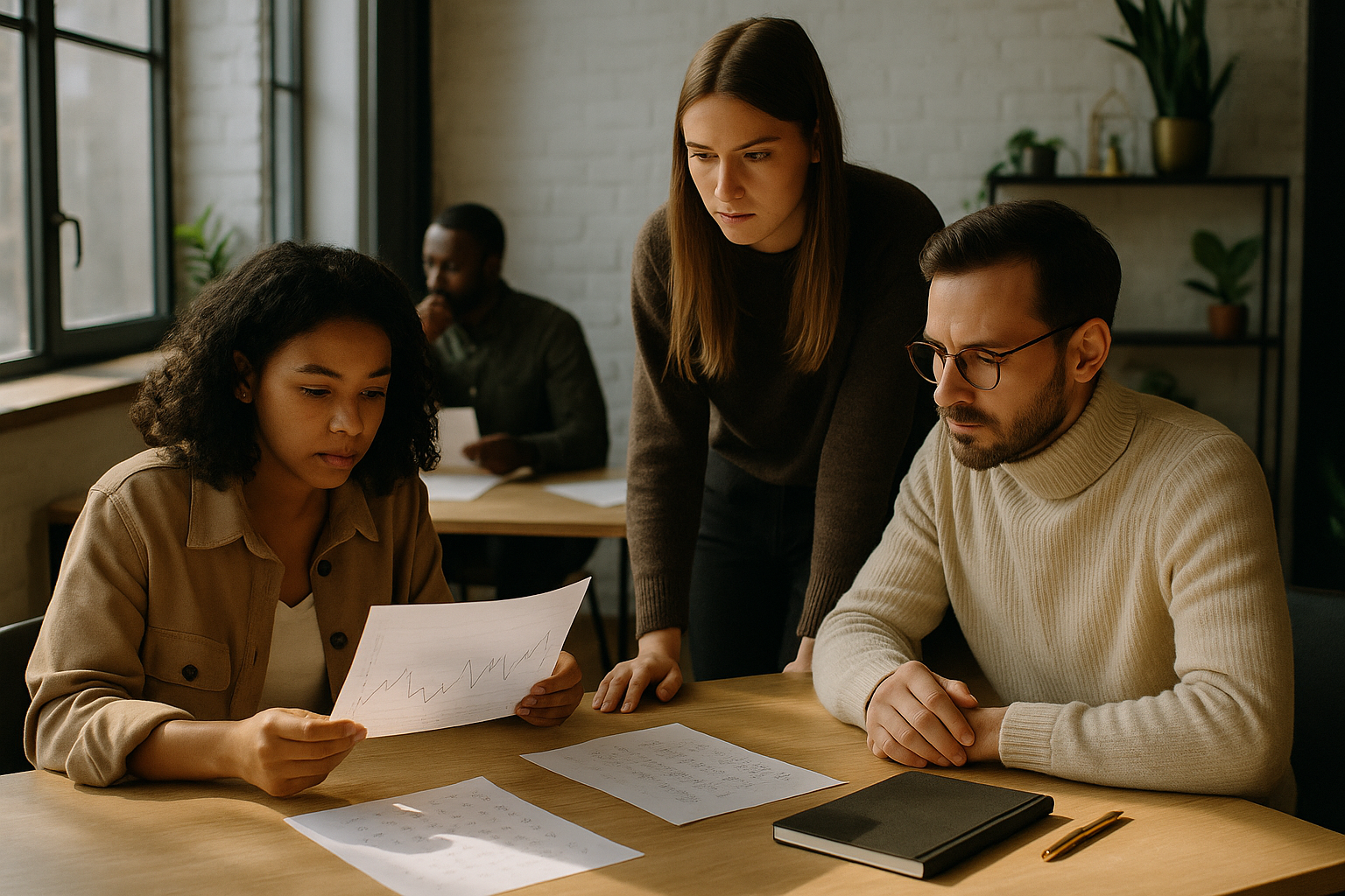Group of people analyzing line graphs and notes in a modern, warmly lit co-working loft.