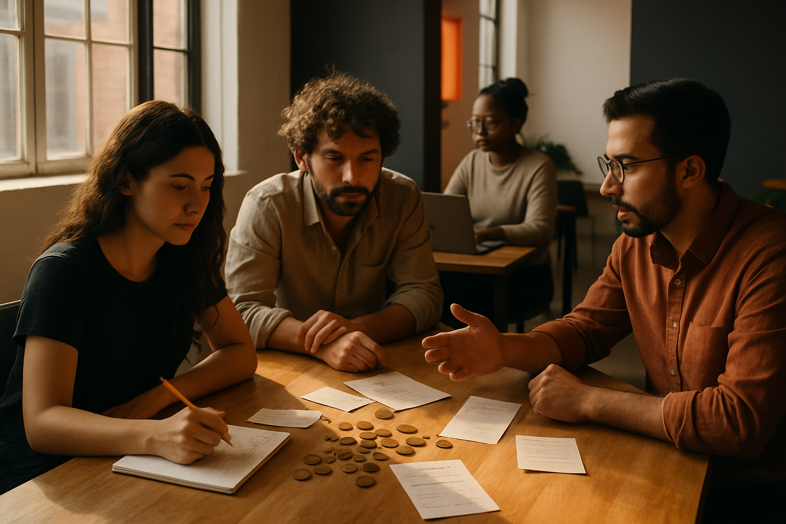 Group of people discussing finances around a wooden table with coins and notes in a modern loft.