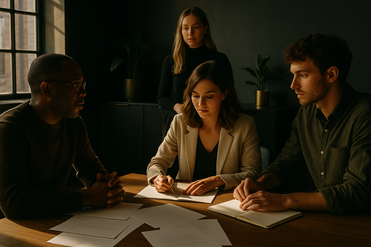 Group of people planning with notebooks and pens in a modern, warmly lit co-working loft.