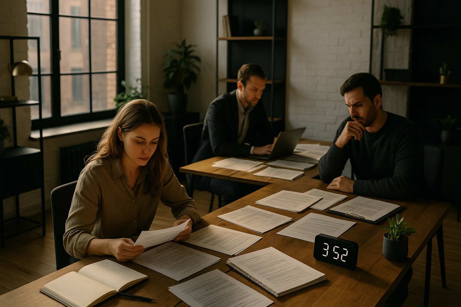 Group of professionals collaborating in a modern loft with notebooks, documents, and a digital clock.