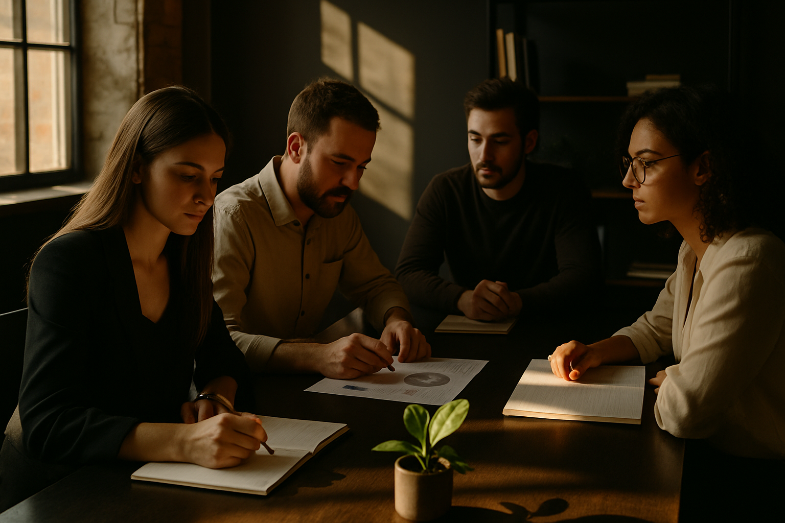 Group of professionals working at a modern loft table with notebooks, charts, and a green plant.