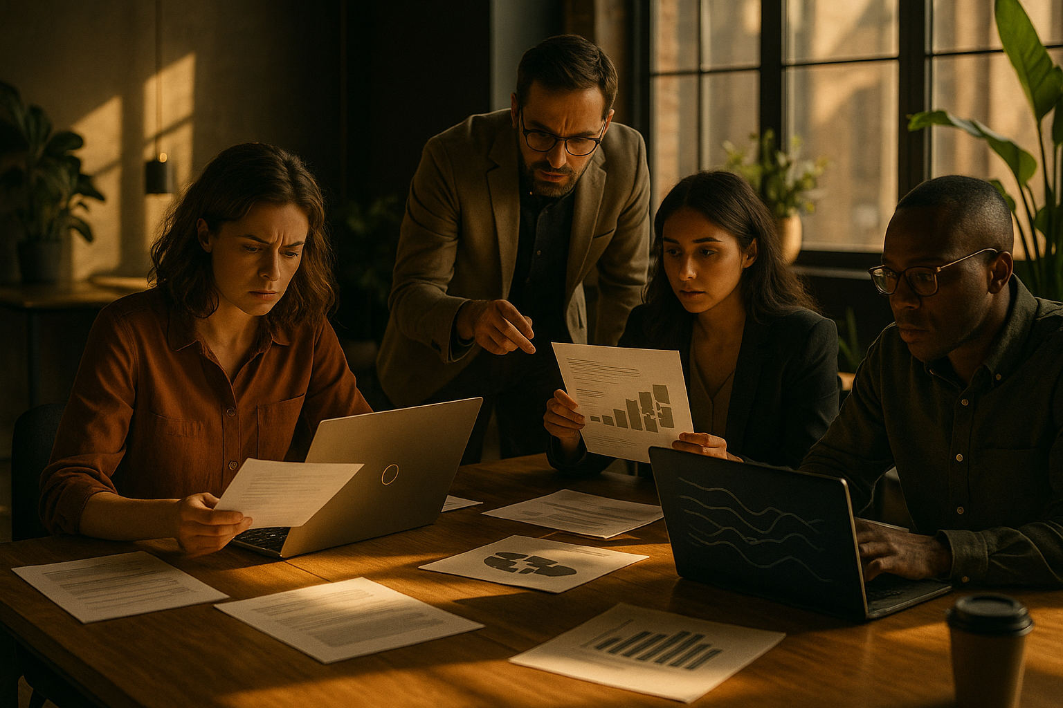 Group of professionals working in a modern loft with laptops, papers, and visual metaphors.