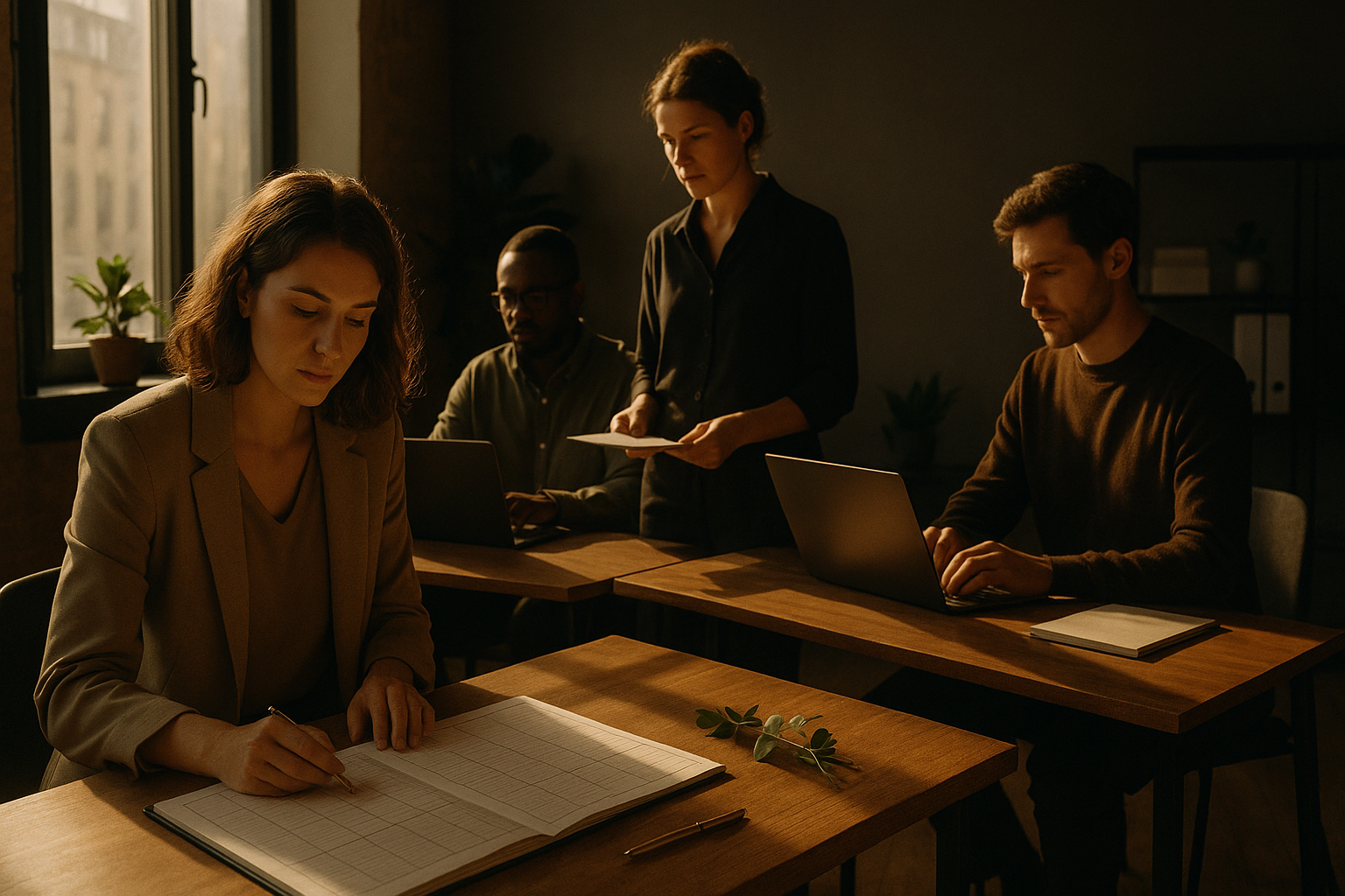 Group of professionals working in a modern loft with ledger, gold pen, greenery, and natural light.