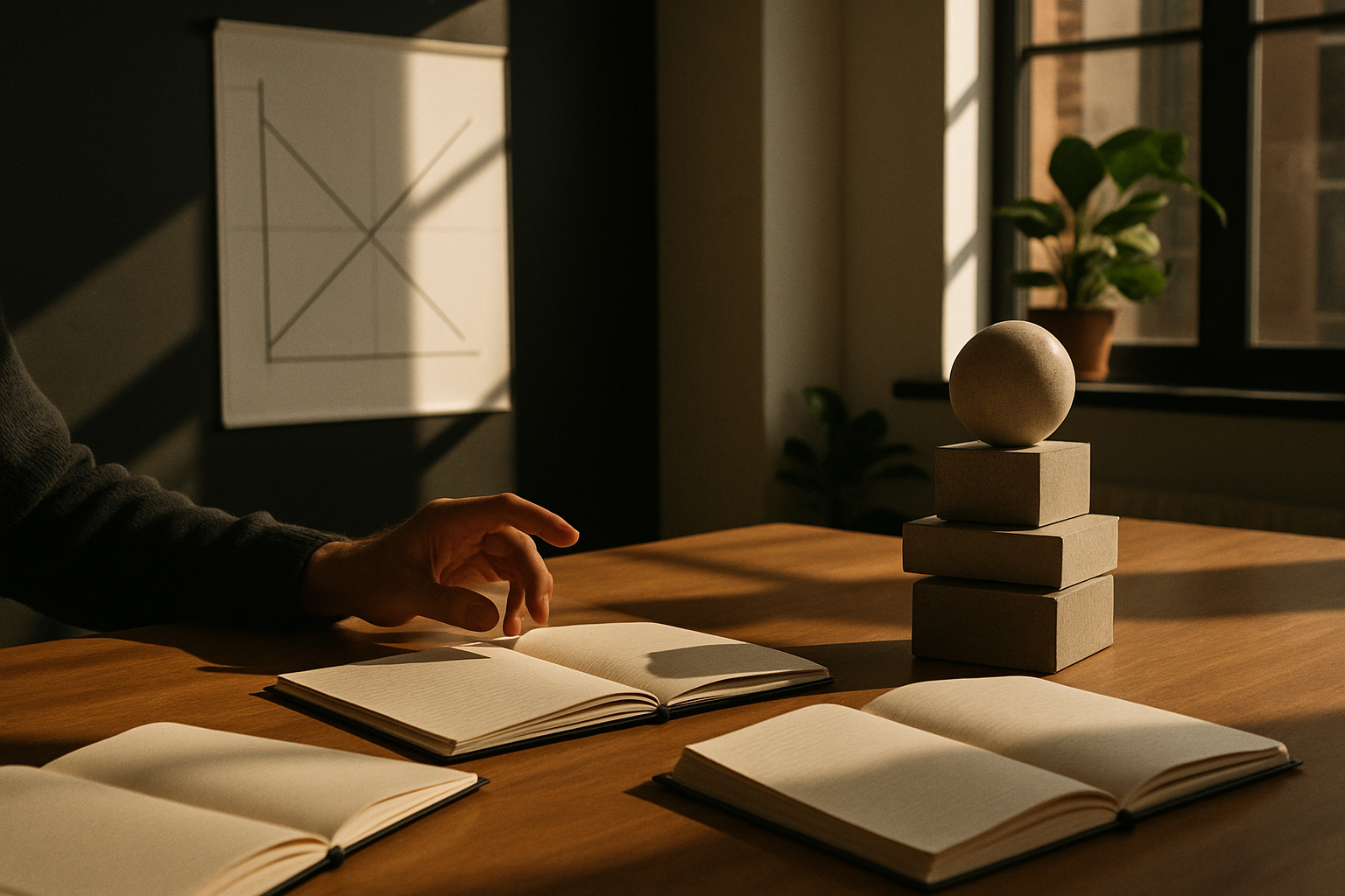 Hand poised over wooden table with notebooks, paperweights, and decision chart in modern loft.