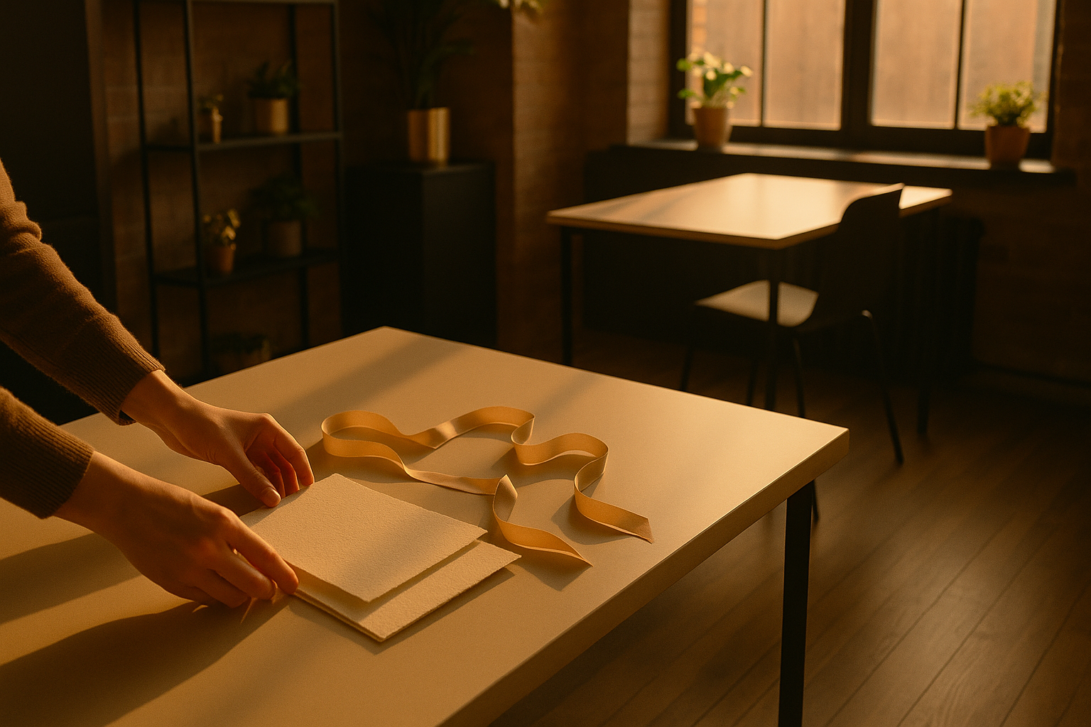 Hands arranging textured paper and ribbons on a minimalist table in a modern loft.