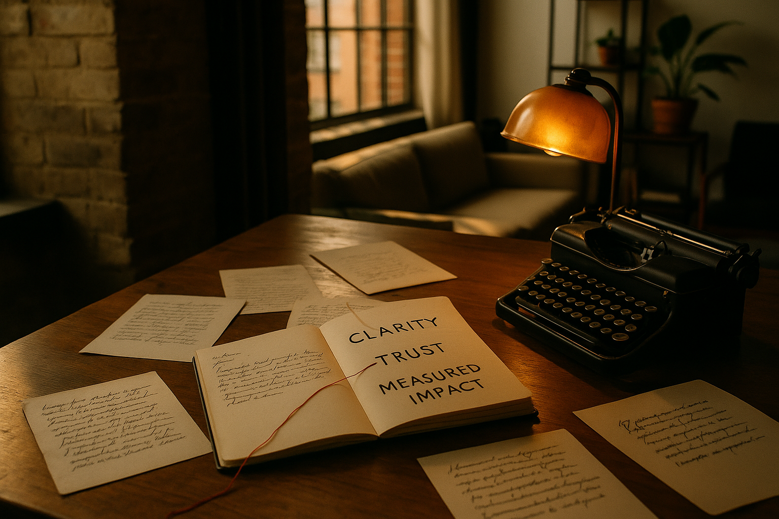 Loft workspace with notebooks, typewriter key, amber lamp, handwritten notes, and red thread.