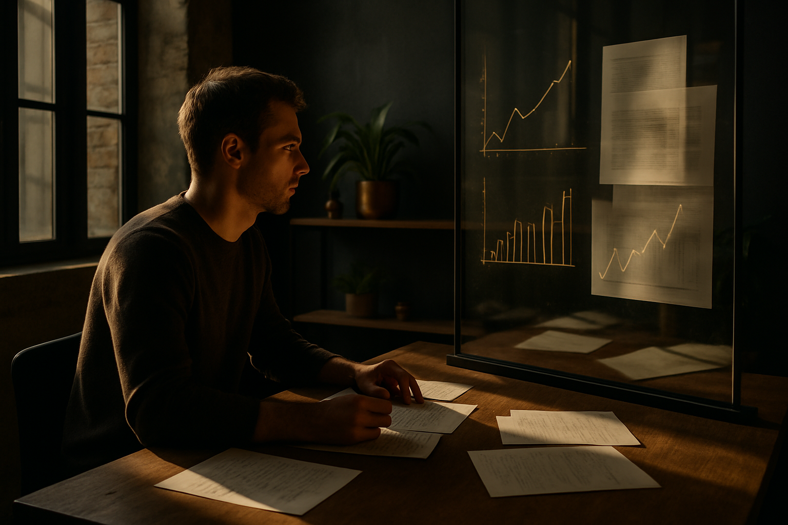 Modern loft workspace with handwritten notes, glowing graphs, and warm natural lighting.
