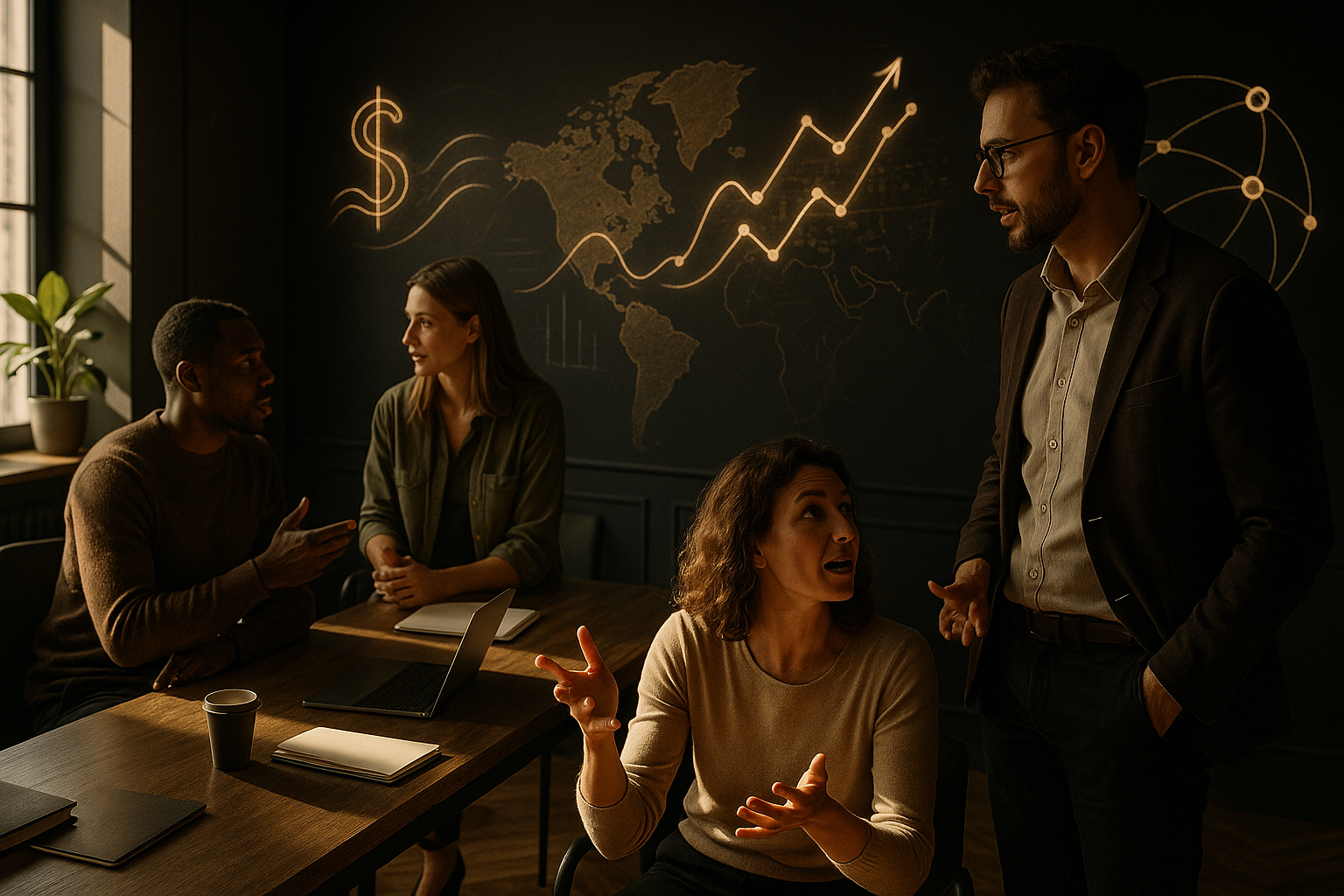 People collaborating in a modern loft with abstract AI symbols and warm, natural lighting.