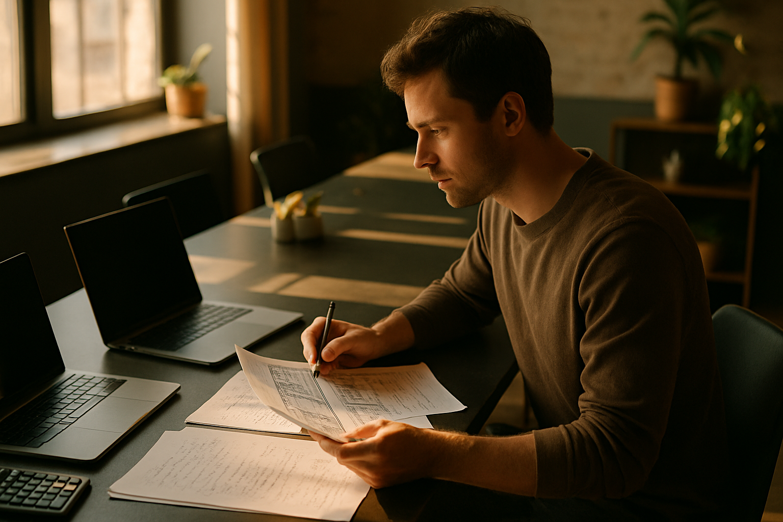 Person analyzing spreadsheets and notes at a minimalist desk in a modern loft office.