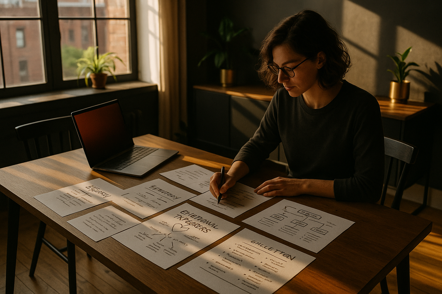 Thoughtful person analyzing notes and charts in a modern, sunlit loft workspace.
