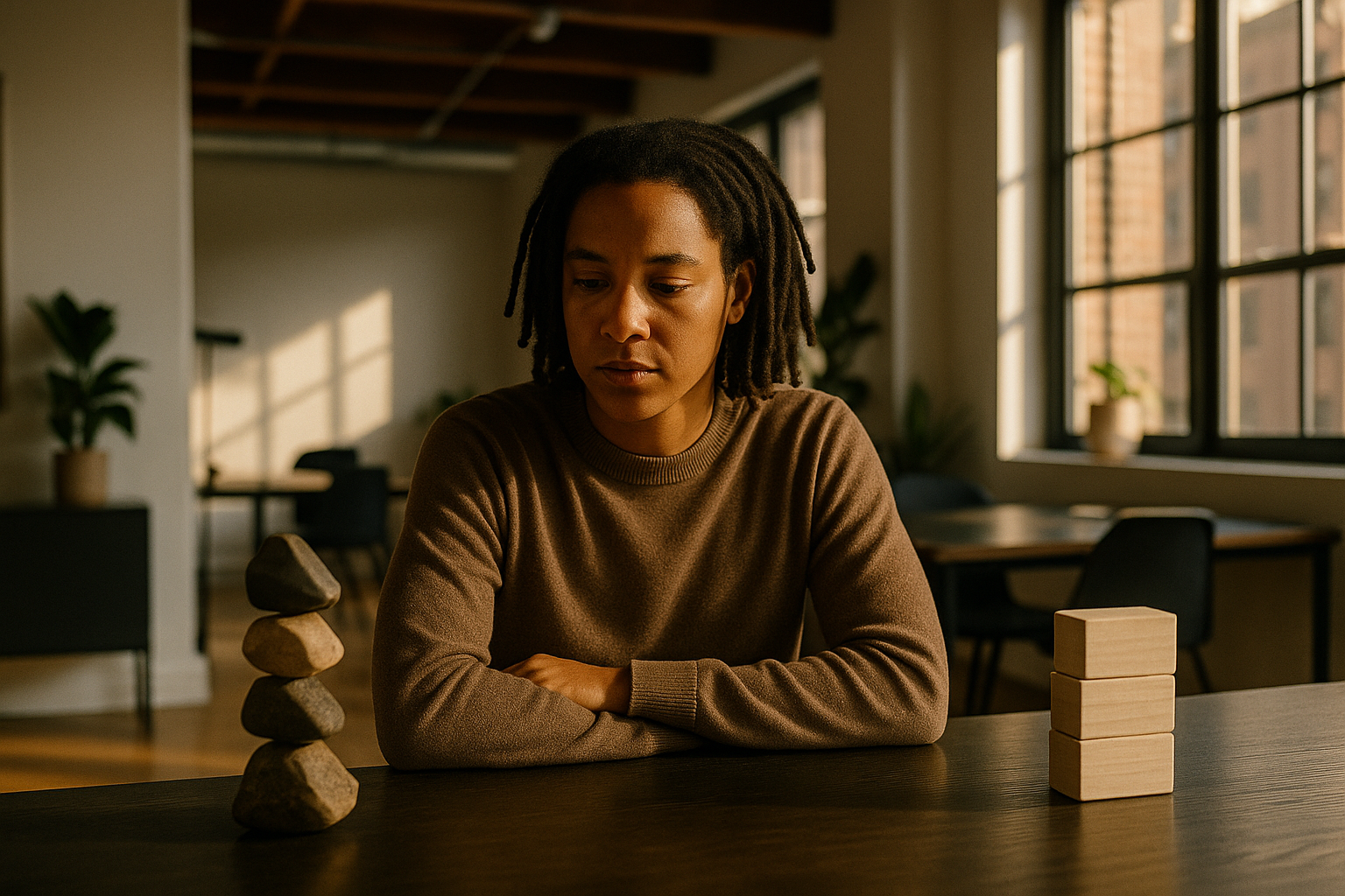 Thoughtful person in modern loft with abstract symbols of contrast and balance.