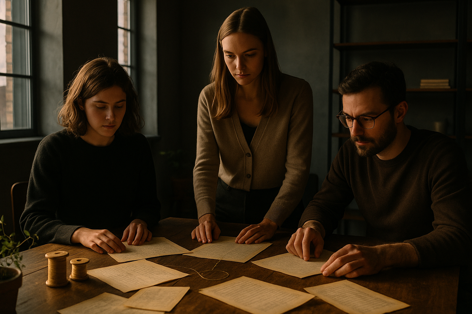 Three focused individuals in a modern loft with ledger pages, thread spools, and plants.