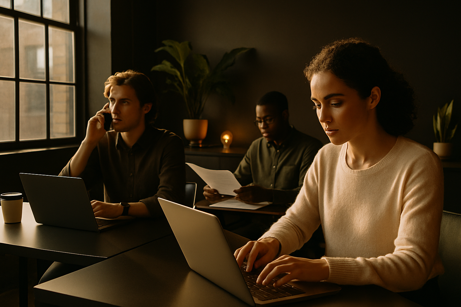Three professionals in a modern loft working and communicating amid warm, natural lighting.