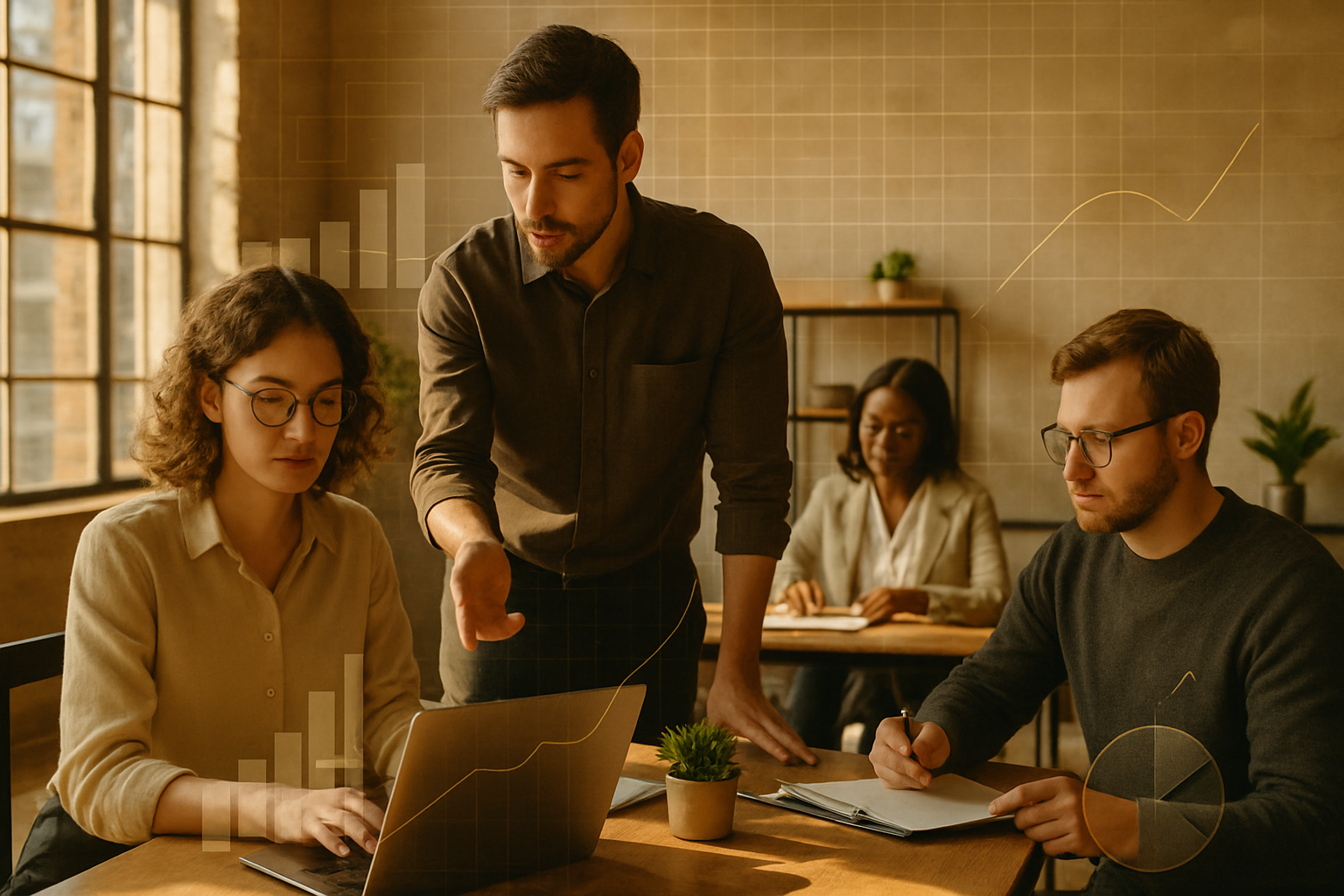 Tightly framed team in a modern loft with charts, plants, and warm, earthy lighting.